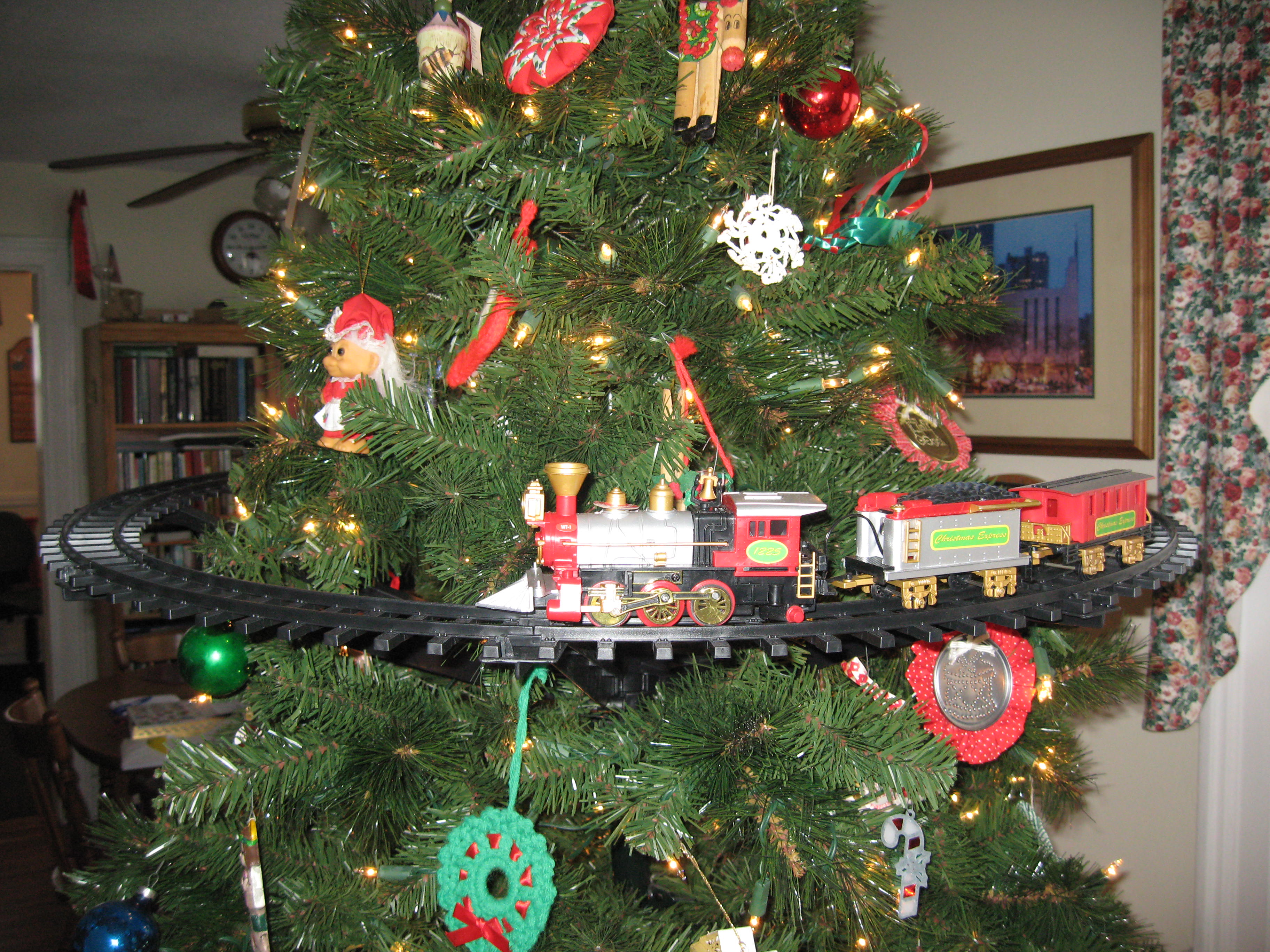 christmas tree mounted train set
